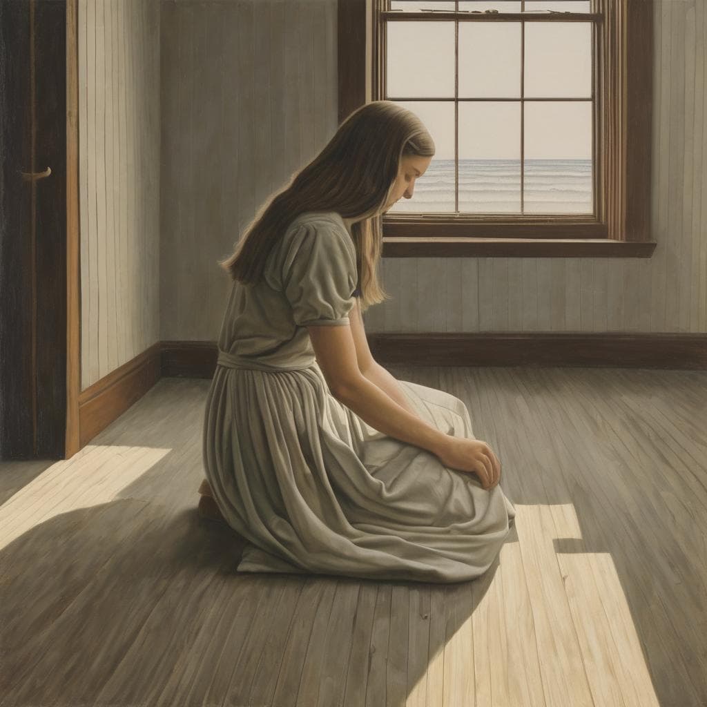 Η τεχνική του φωτός και της σκιάς σε εικόνα με νεαρή γυναίκα που προσεύχεται, αναδεικνύοντας την αίσθηση του φωτός και της σκιάς σε εσωτερικό χώρο με θέα στη θάλασσα.