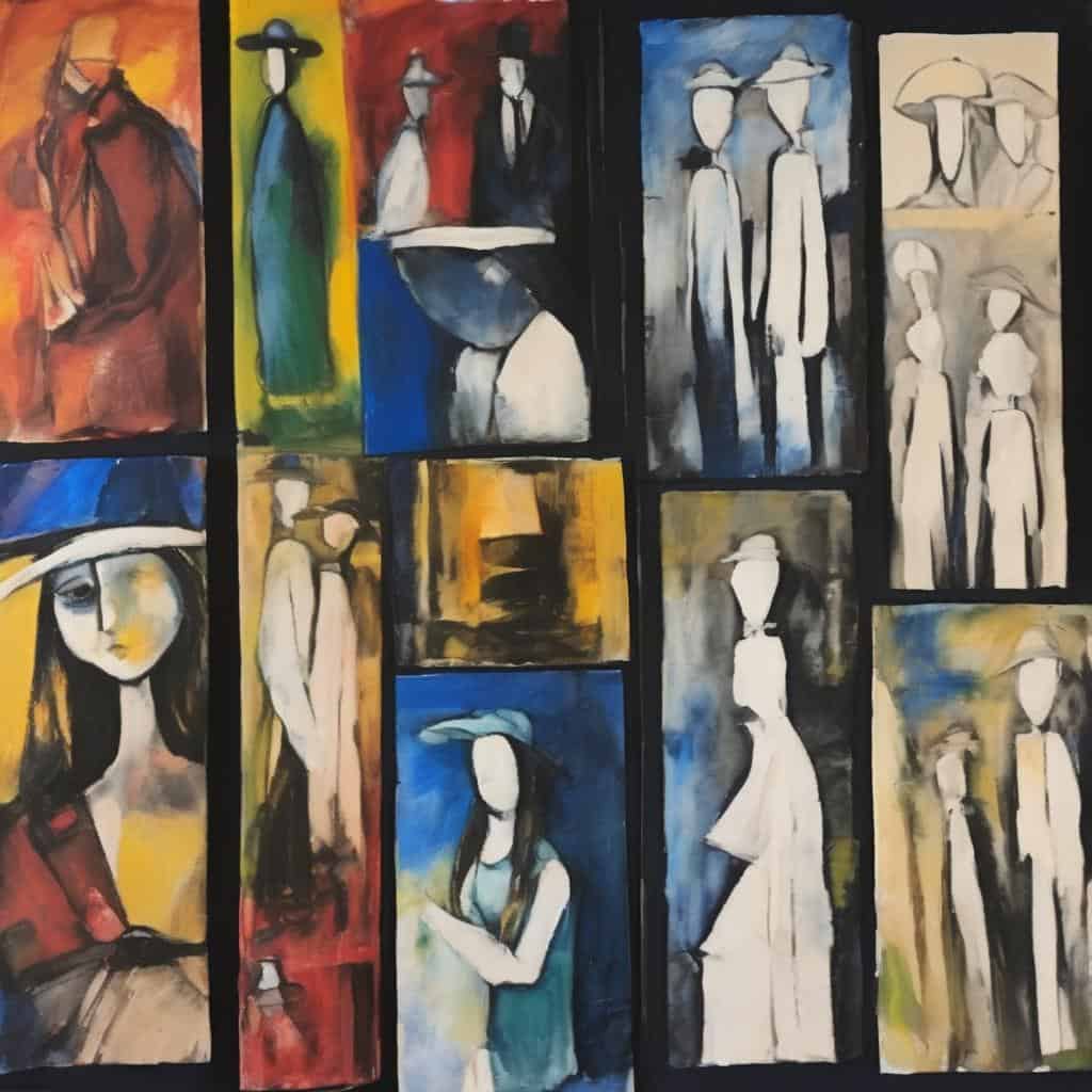 Ζωγραφιά με την τεχνική του φωτός και της σκιάς, εικονογραφώντας ανθρώπινες μορφές και σκηνές σε ποικίλα χρώματα και στυλ.